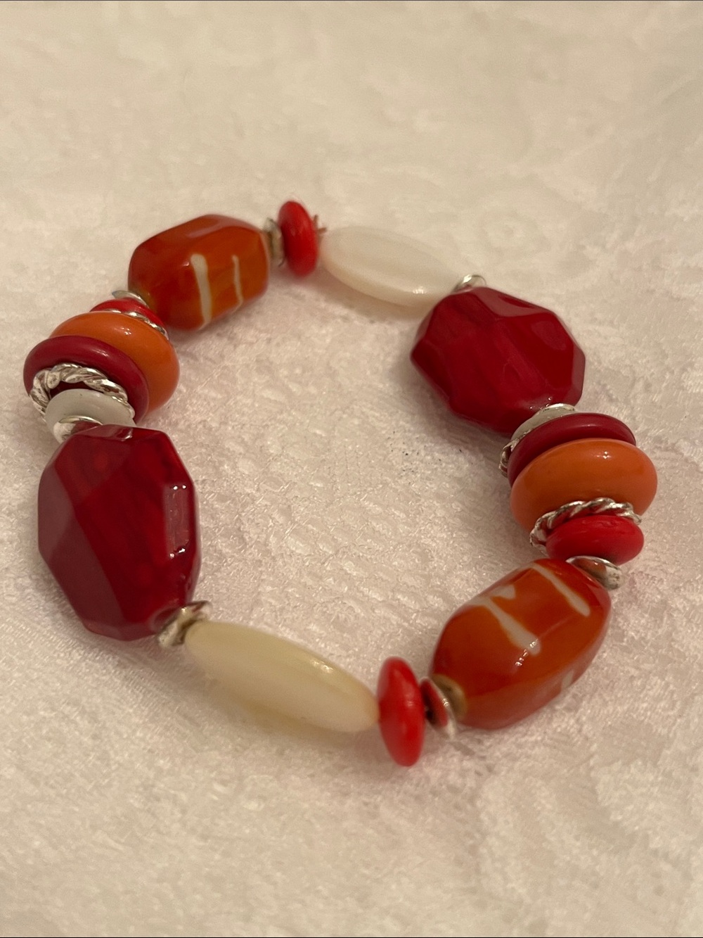Red and Orange Beaded Stretch Bracelet - Unbranded